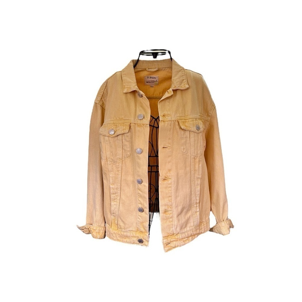 PAPAYA, WOMENS, DISTRESSED, YELLOW JEAN JACKET. IN NEW CONDITION. SIZE S